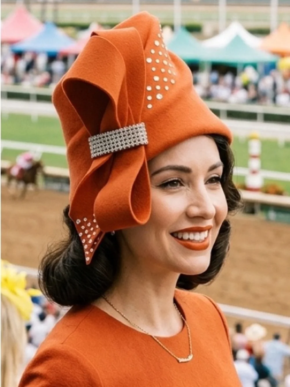 Vintage Tim Crawford Wool Cloche Hat Burnt Orange Rhinestone Bow Opening Day US